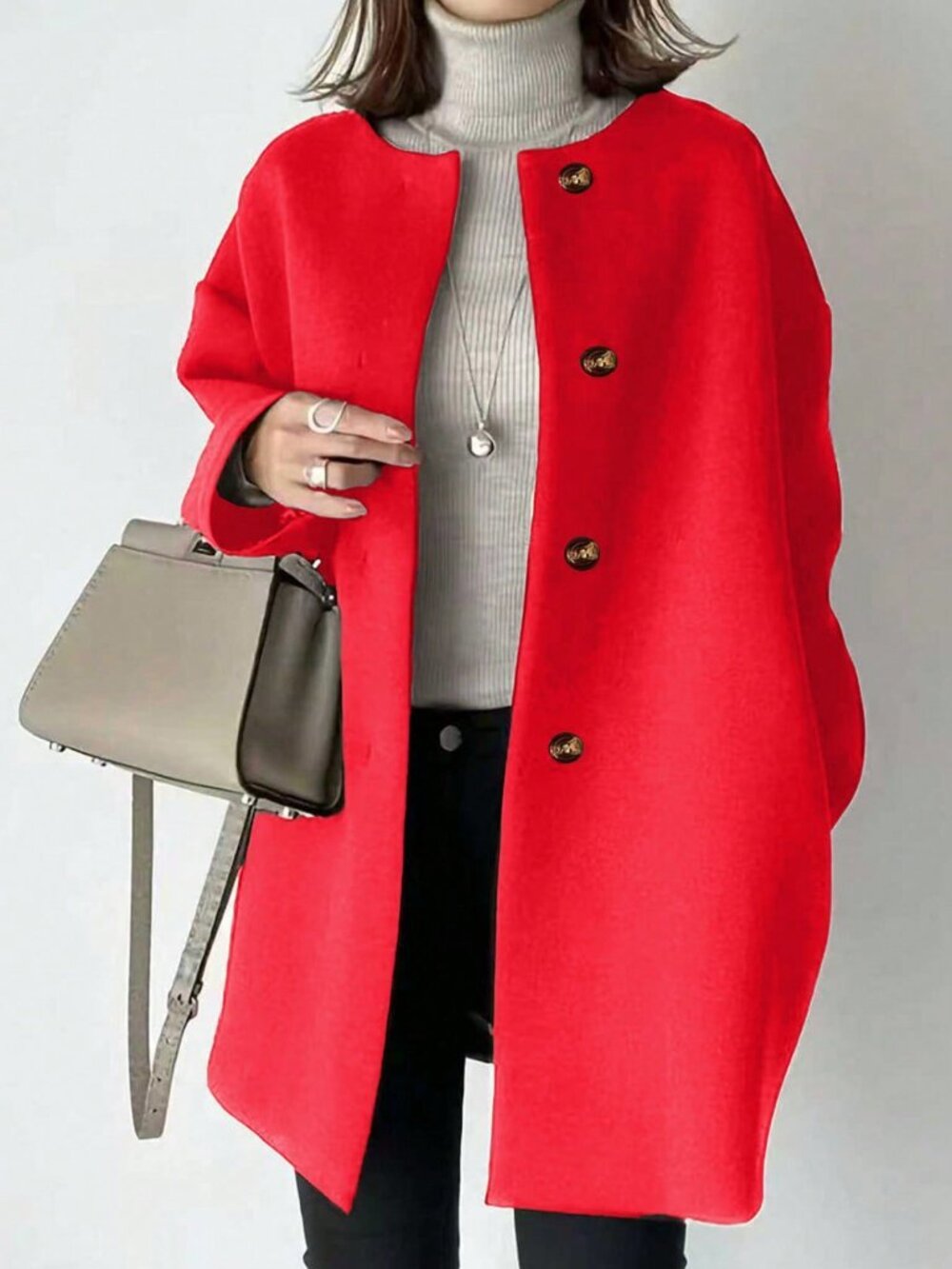 Red Casual Women's Loose Fit Button Front Round Neck Mid-Length Shacket